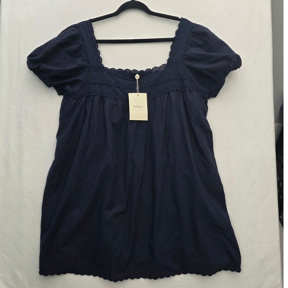 Böhme Eyelet Lace Babydoll Tunic Large Navy Cotton Puff Sleeve Cottagecore Boho
